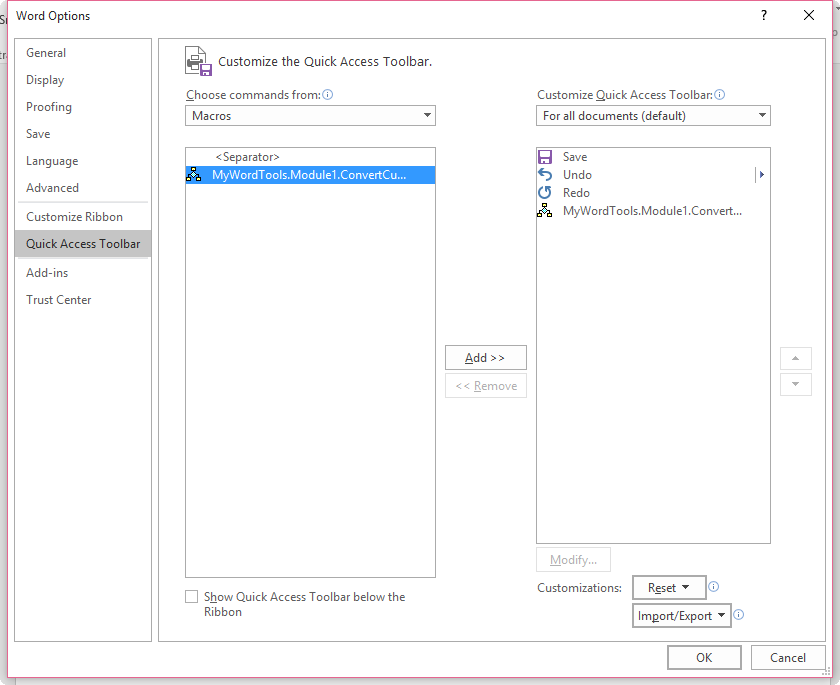 MS Word Options - Assigning Macros to button